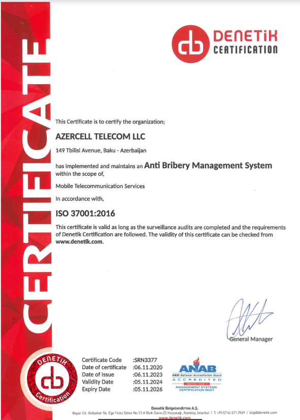 "Azercell" növbəti dəfə ISO 37001:2016 standartları üzrə sertifikata layiq görüldü - FOTO